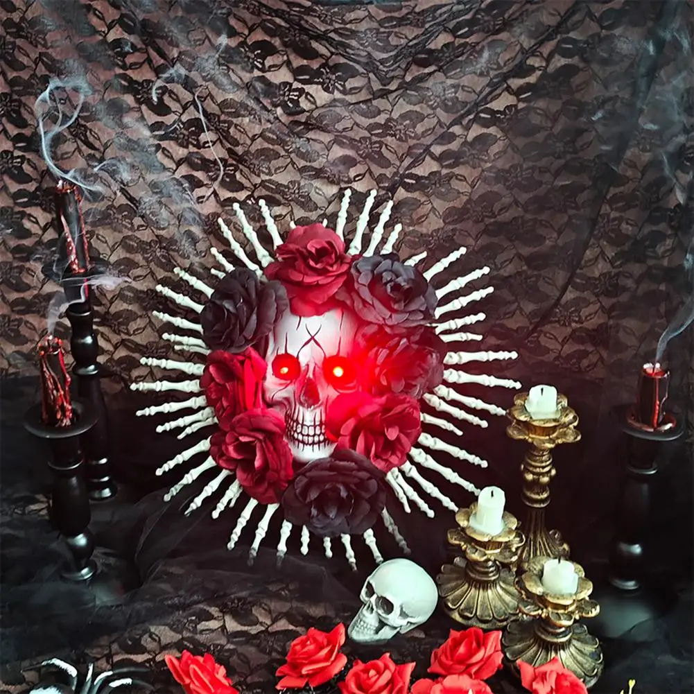 Halloween Skull Wreath with Led Lights Rose Door Decor for Home Halloween Skull Wreath for Front Door Skeleton Hands with Black