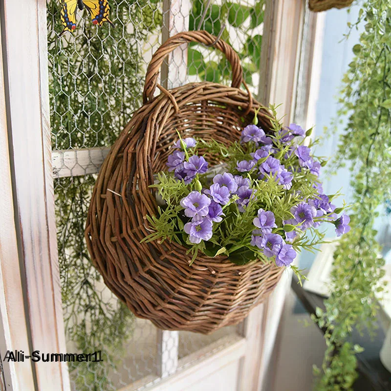 Hand Made Wicker Rattan Flower Planter Wall Hanging Wicker Rattam Basket Garden Vine Pot Plants Holder Wall Planter Home Decor
