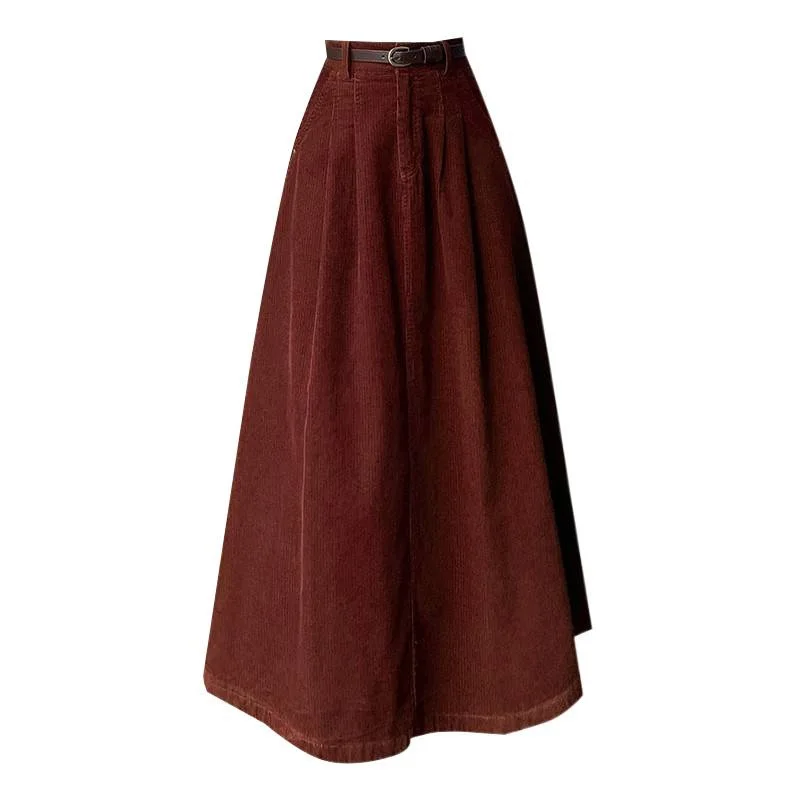 Long Skirt for Women 2025 Autumn and Winter, High-waisted, Flared, Pleated, Slim-fitting Corduroy Midi Skirt