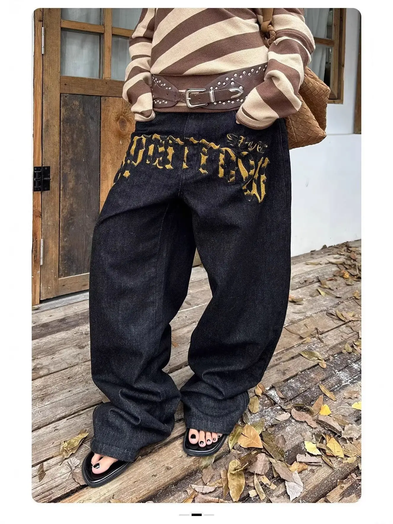 

Casual Women's Wide Leg Denim Jeans Embroidered Leopard Print Loose Fit Summer High Waist Asymmetric Cotton 100% Denim Fabric