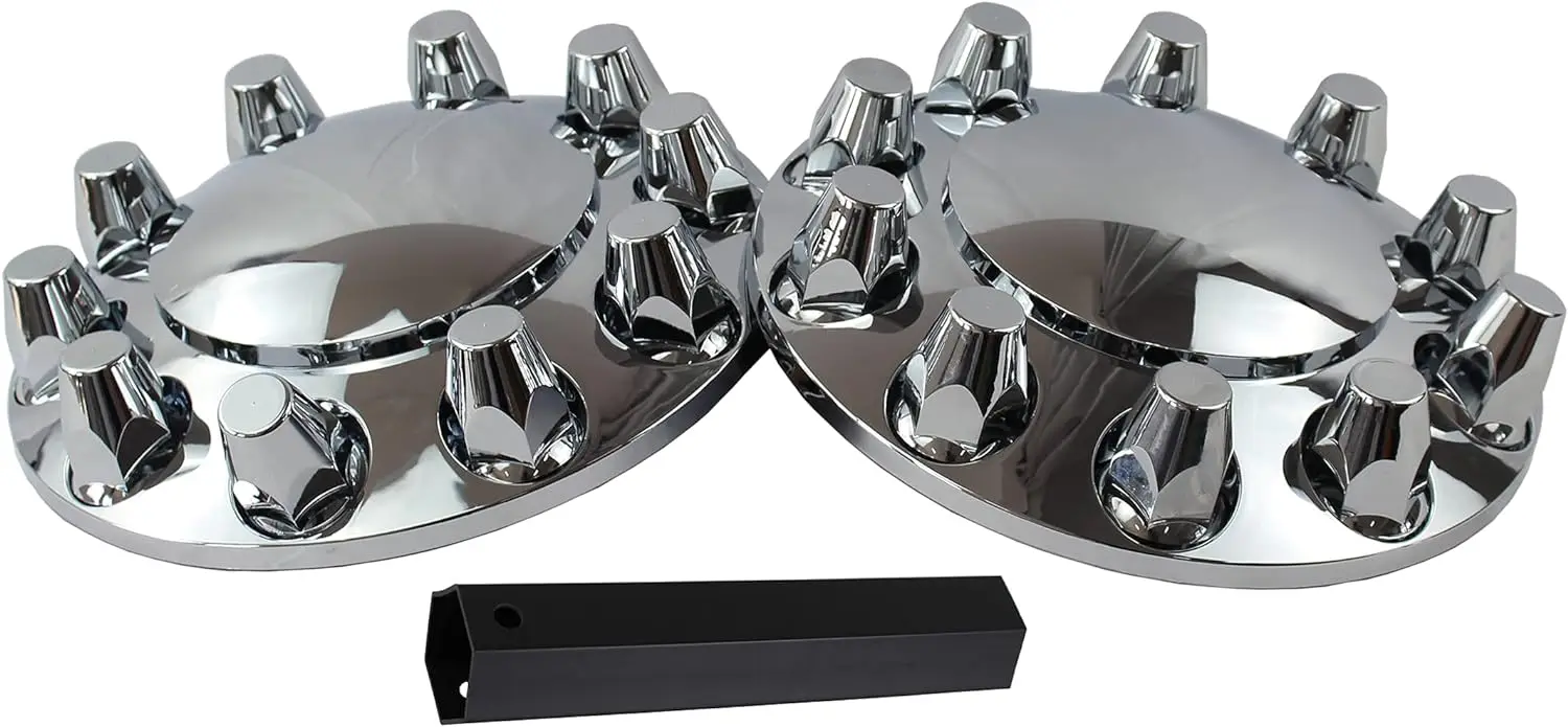 ABS Chrome Plastic Front Axle Cover Kits with 33mm Thread-on Nut Covers for Semi Trucks in Pairs (Standard)