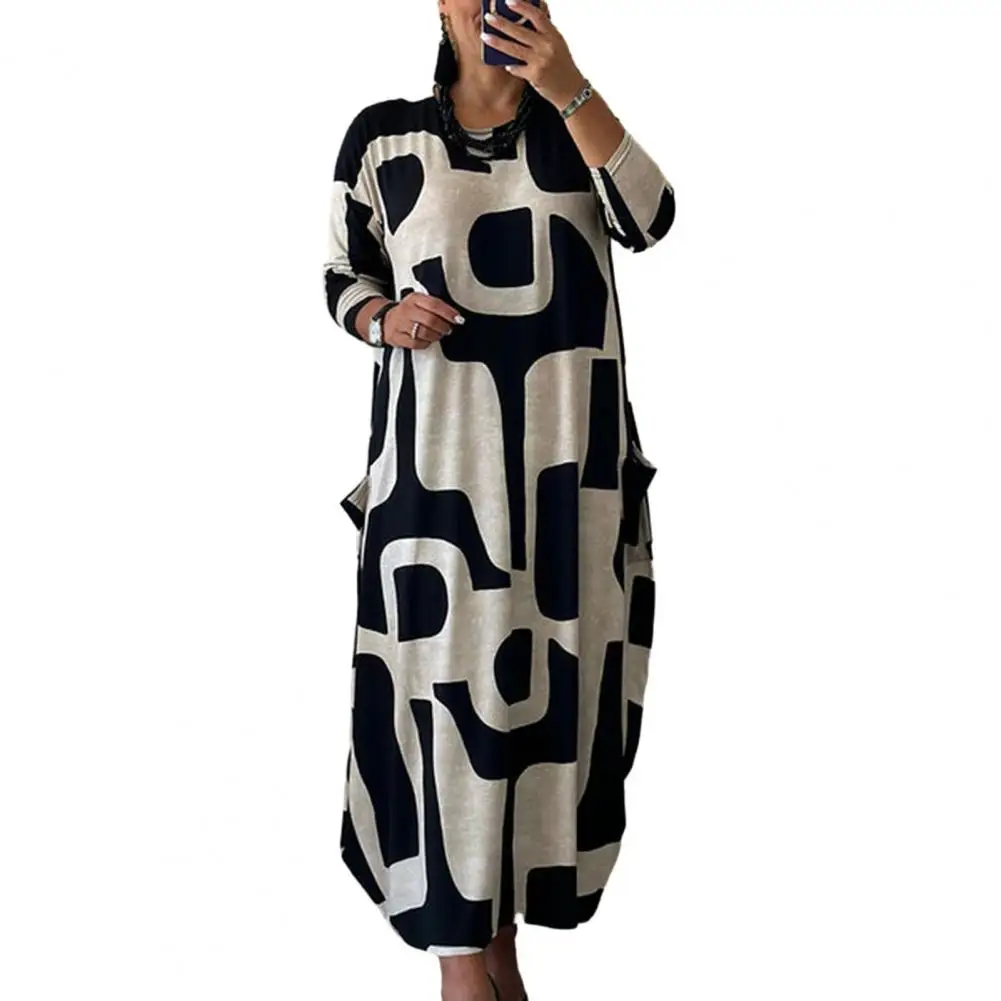 

Loose Women Dress Printed Long Sleeve with Pockets for A-line Ankle Length Pullover