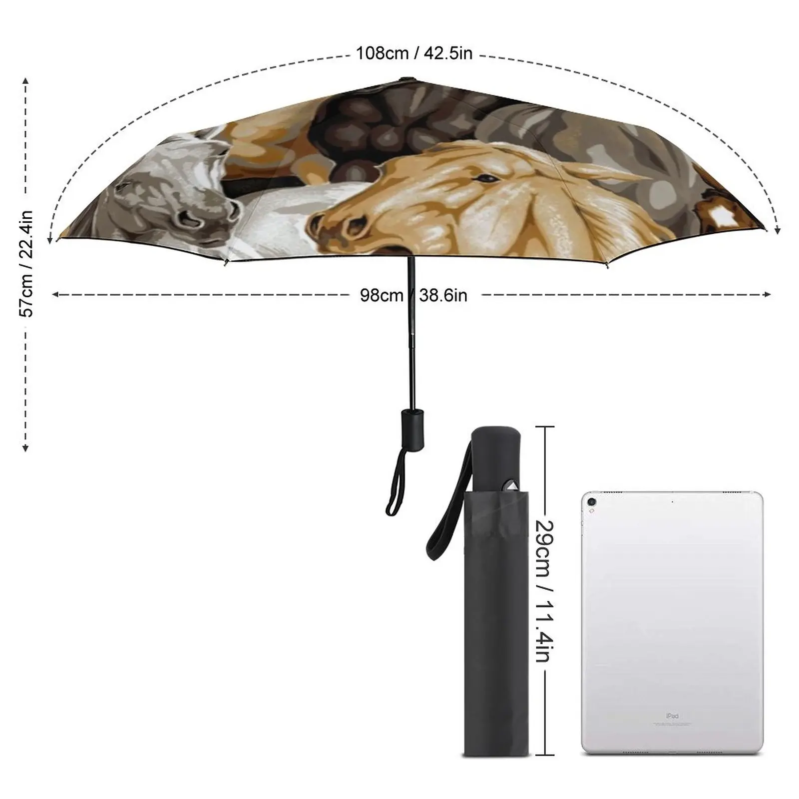 Horse Collage Umbrella Wild Horses Print Auto Windproof Umbrella Creative Design Terrace Compact Umbrella