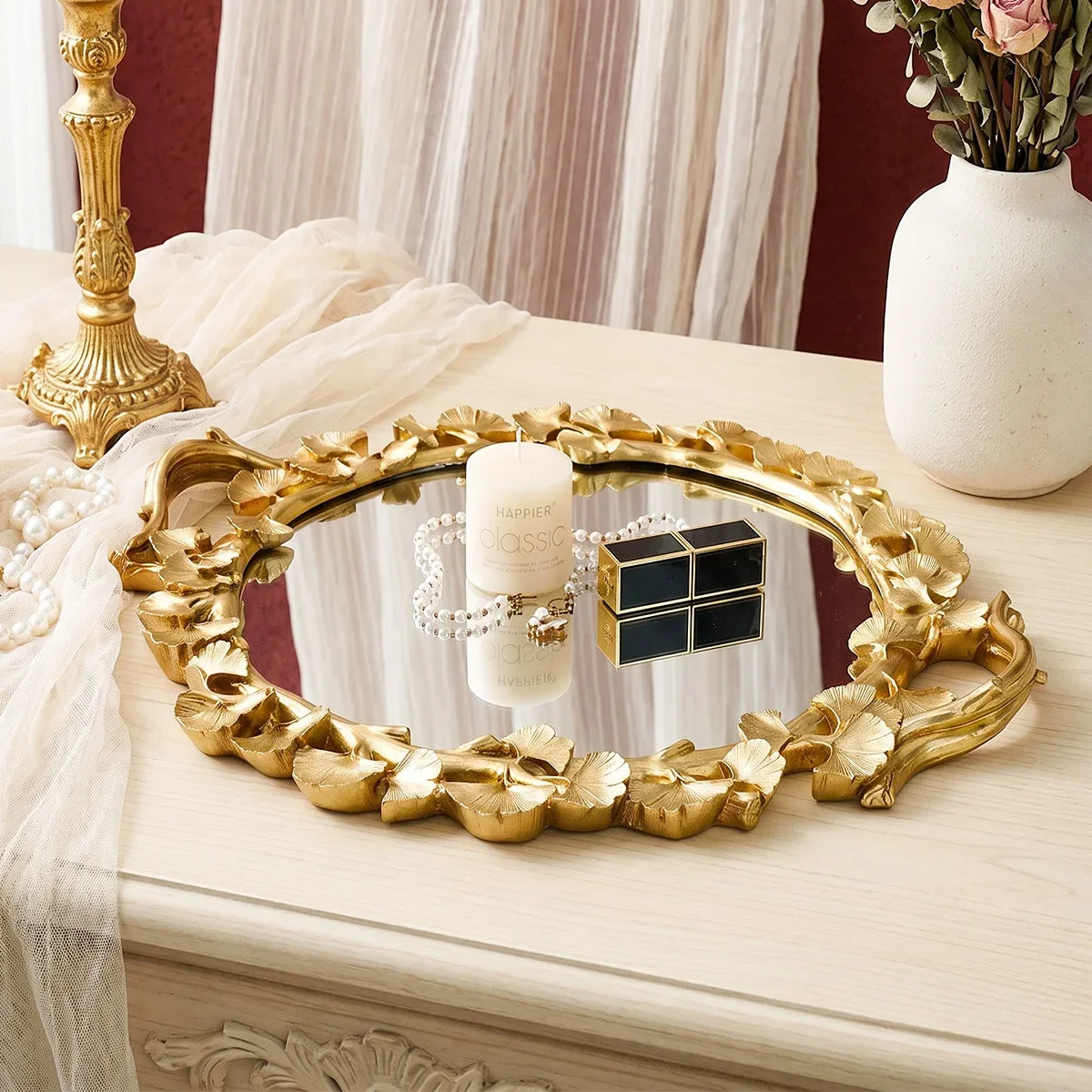 Golden Ginkgo Leaf Mirror Tray Three-dimensional Golden Leaf Storage Tray Desktop Storage Container Trays Decorative Dish