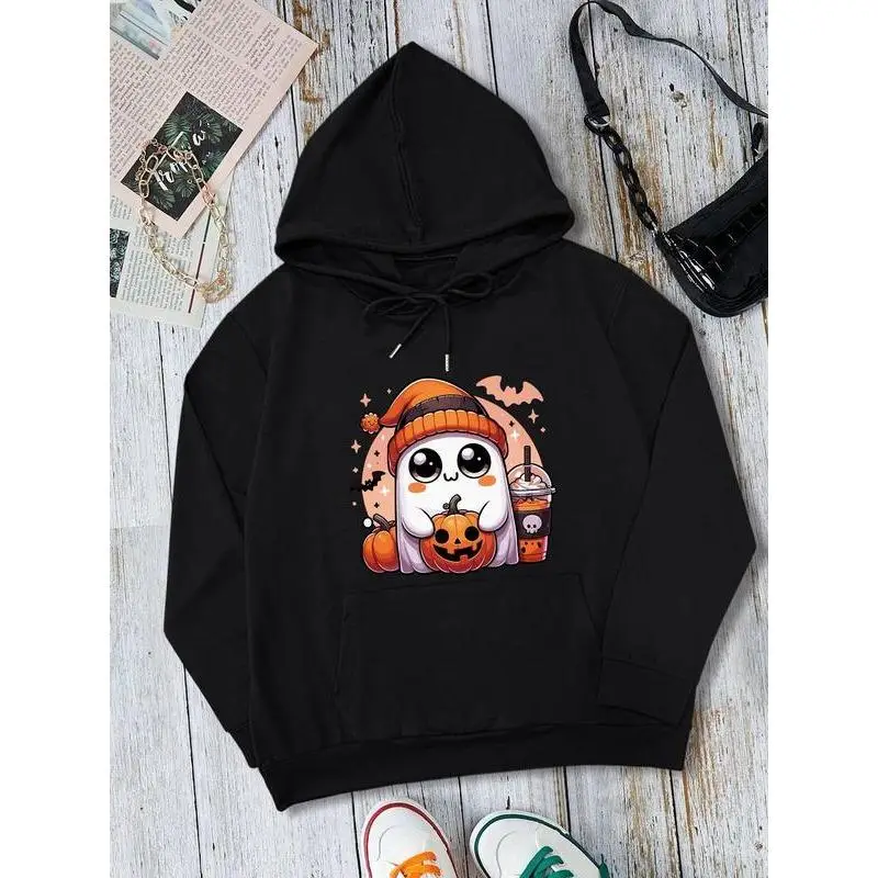 

Cute Halloween Ghost Hoodie for Women, Autumn Pumpkin Spice Graphic Pullover, Spooky Season Holiday Party Casual Top
