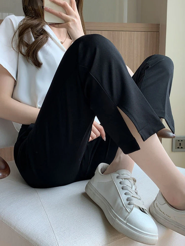 Pantaloni casual alla caviglia da donna estivi sottili a vita alta vendita calda femminile accogliente cadente diviso dritto semplice tutto-fiammifero quotidiano Femme