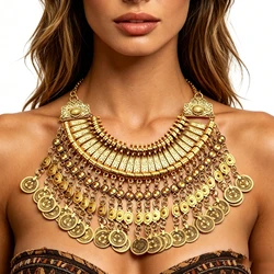 Indian Ethnic Vintage Coins Tassel Statement Necklace Women Jewelry Sets Boho Retro Metal Large Collar Choker Necklace Earrings