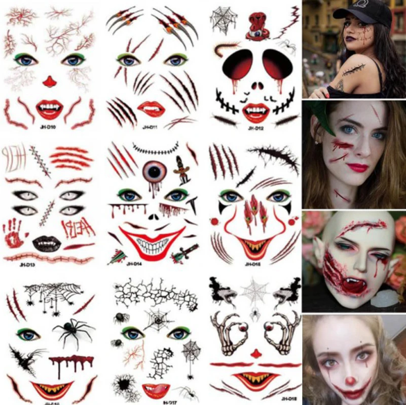 Halloween Tattoo Stickers Clown Face Bloodstain Scar Horror Spider Web Bat Funny Cosplay Masquerade Party Body Art Makeup Decals