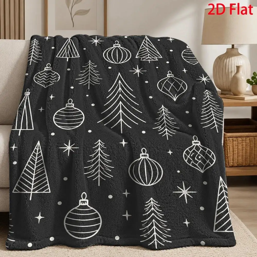 1pc 2D Flat Christmas Tree & Ornament Blanket, Stylish Line Art Illustration, Black Background With White Dot Details