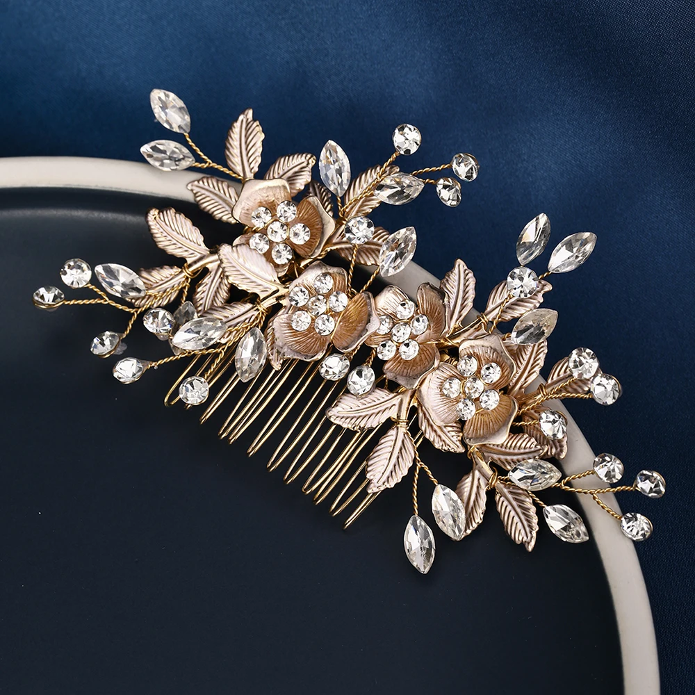 Fashion Alloy Flower Bridal Hair Comb Luxury Leaf Metal Rhinestone Hair Clip Headpiece Wedding Bridal Jewelry Accessories image 5