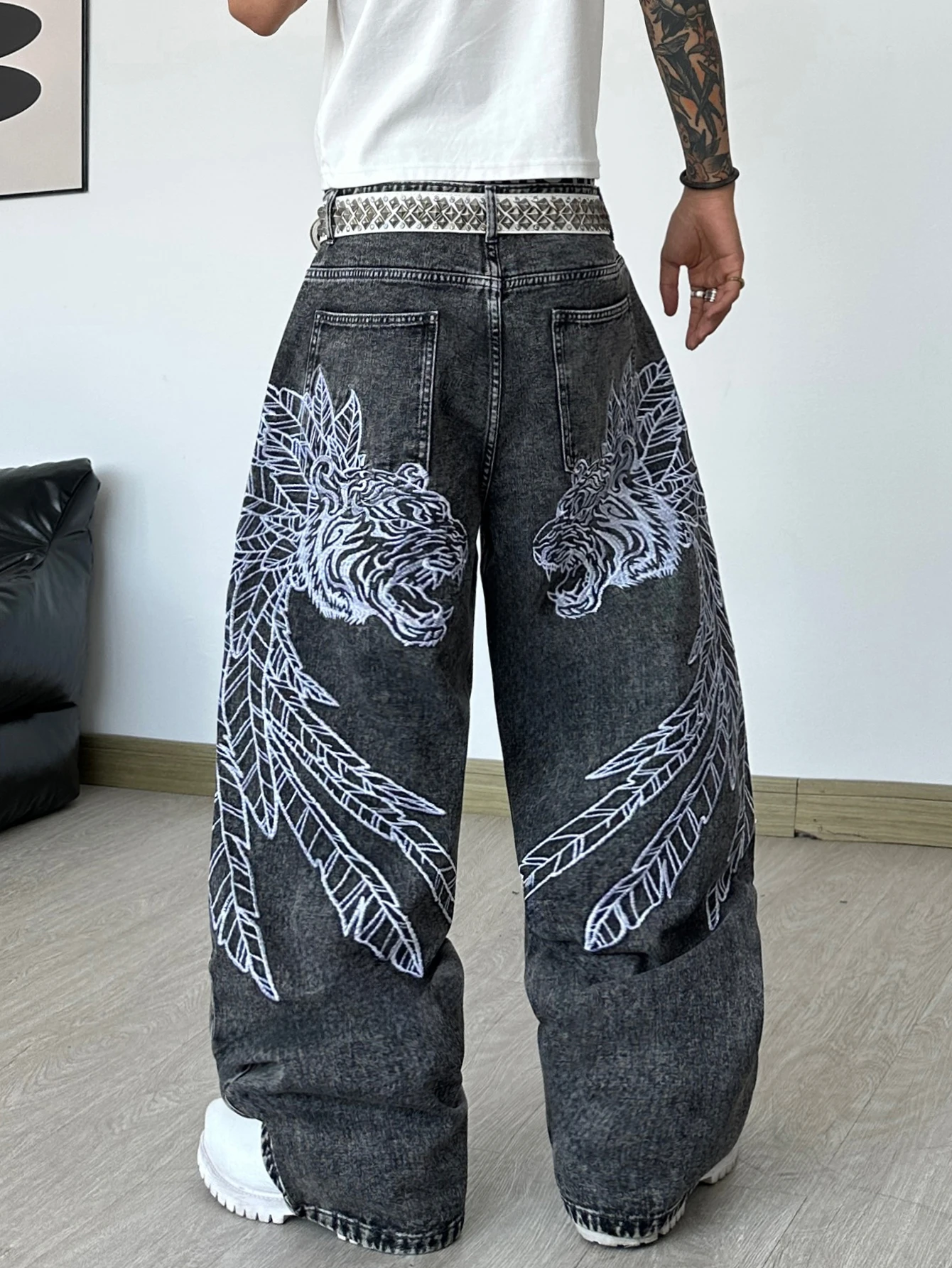 American Vintage Feather Lion Head Embroidered Snow Gray Men's Loose Wide-Leg Jeans Y2K Street Hip-Hop Trendy Versatile Pants
