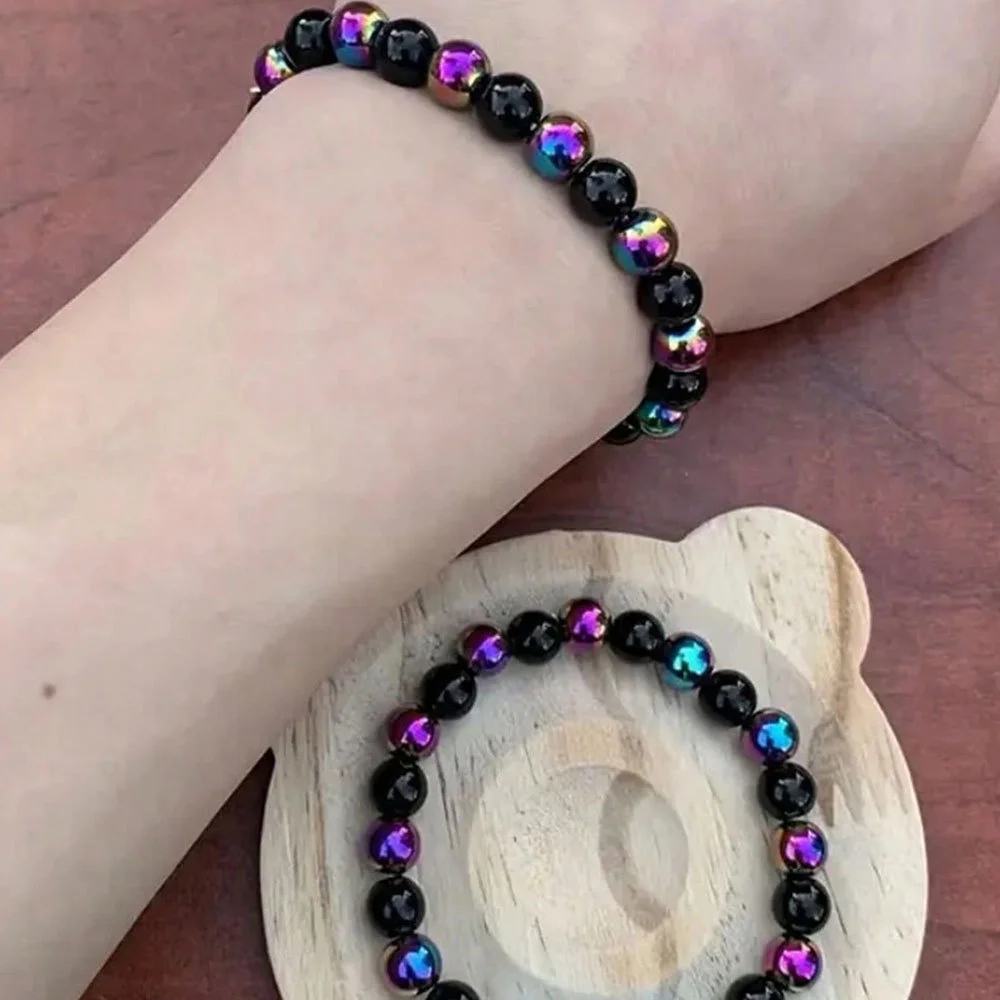 1pc Bohemian Style 8mm Rainbow Obsidian Agate Bracelet - Unisex Handmade Jewelry, Suitable For Daily Wear, Party, And Gifts