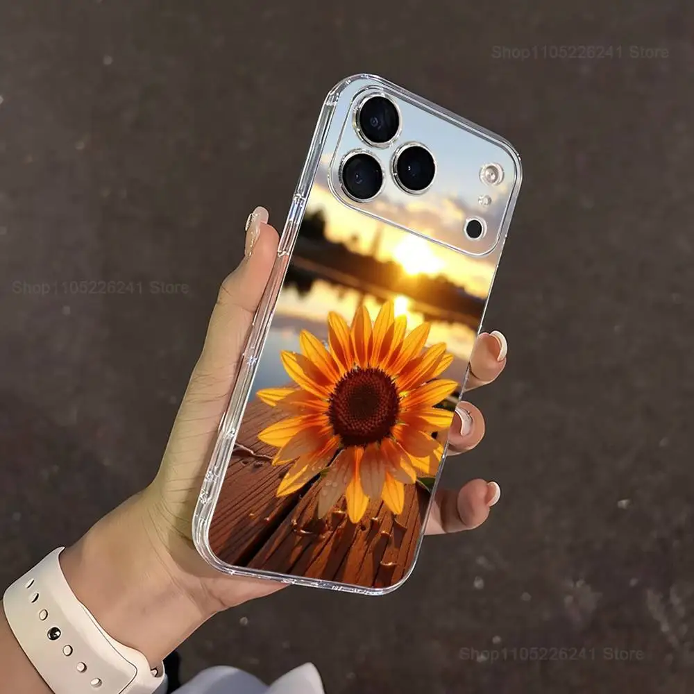 Botanische kunst zonnebloem voor iPhone 16,13,12,11,17,14,15,Pro,Max,Plus,X,XS,XR,SE,Mini transparant zacht siliconen hoesje