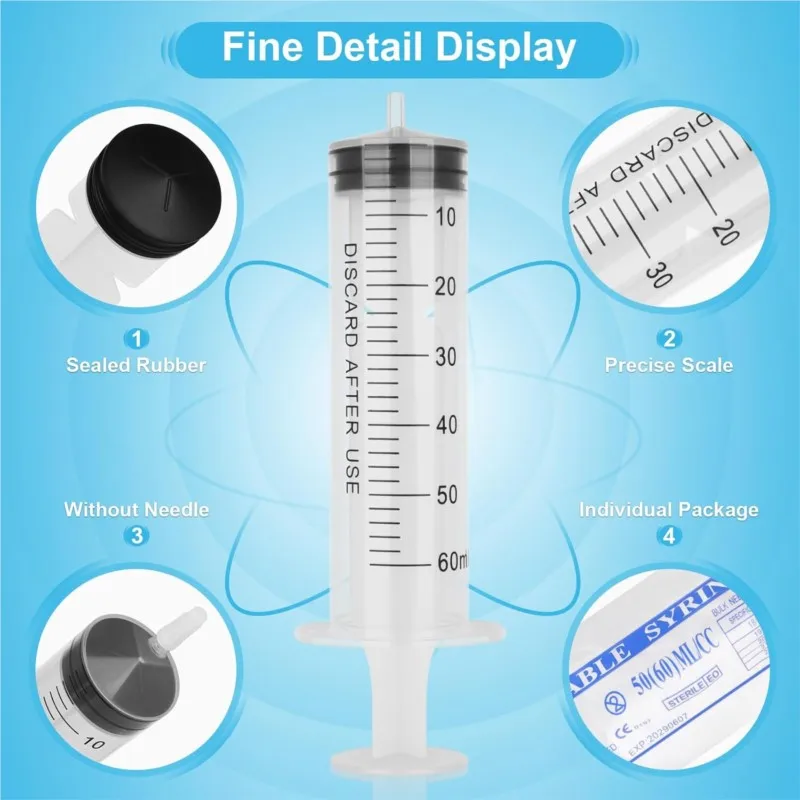 60ml Plastic Large Syringe For Labs Liquid Without Needle Individually Wrapped Measuring Feeding Pets Oil Glue Applicator Tools