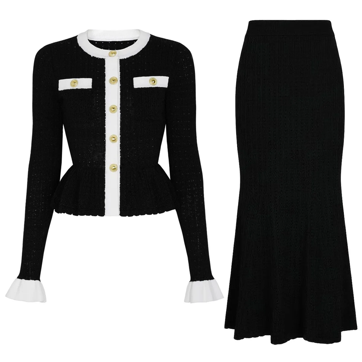 Women Fashion Flare Sleeve Sweater Top and Long Skirt Blue Outfit Female High Quality New Autumn Knitted Skirts 2 Piece Set