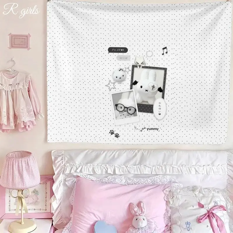 VIKAMA Minimal White Rabbit Tapestry Cute Soft Kawaii Aesthetic Wall Hanging Bedroom Dorm Apartment Gaming Room Decor