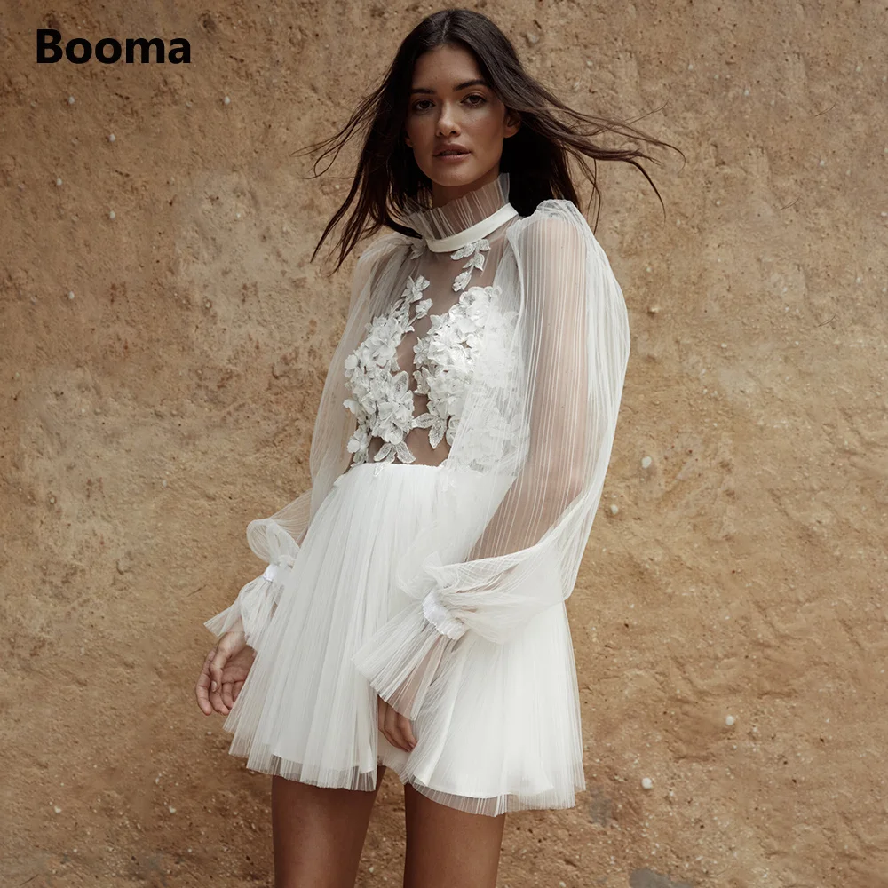 Booma Simple Backless Short Wedding Dresses Long Sleeves Pleated Tulle Mini Bride Dresses Flowers Illusion Civil Wedding Gowns