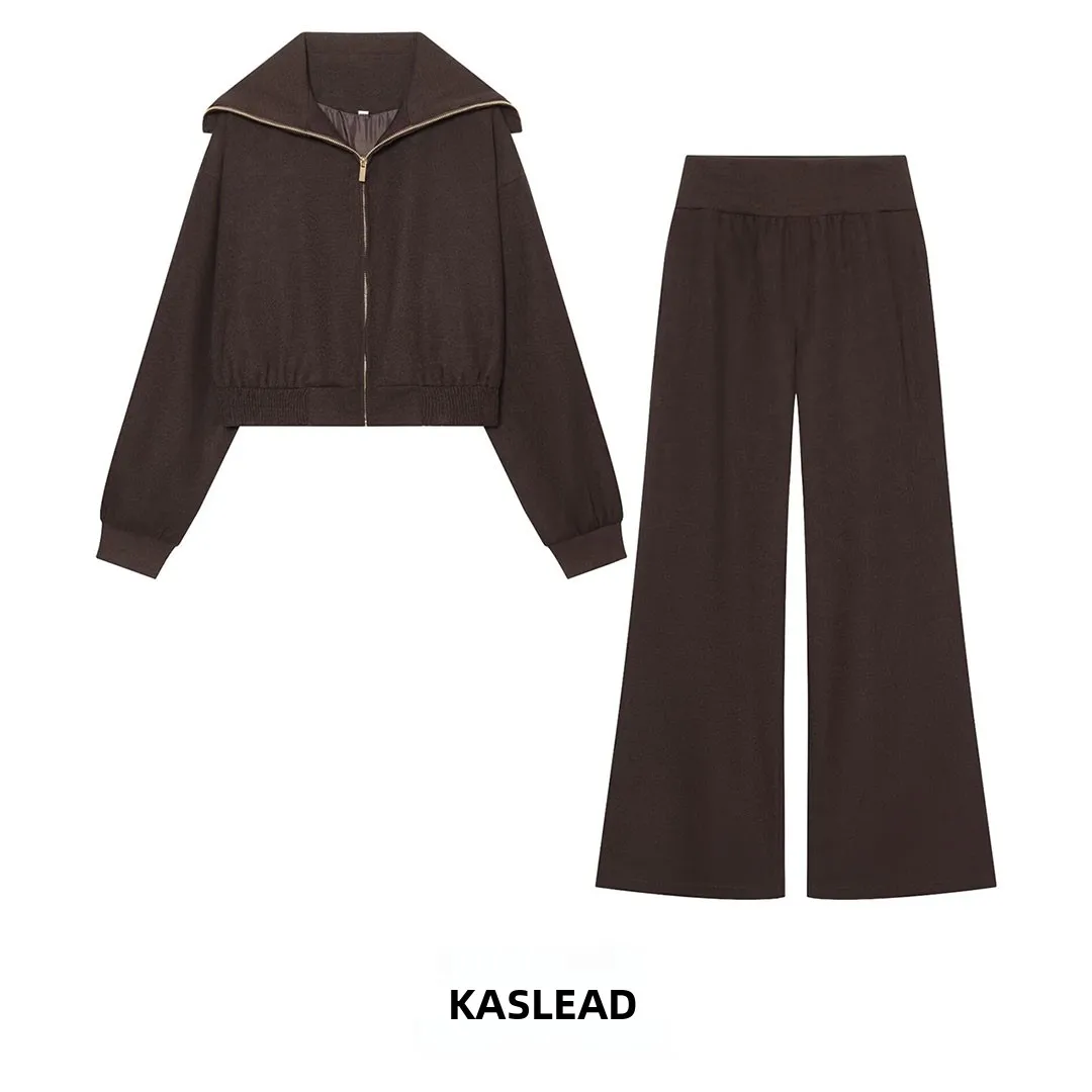 KASLEAD New Women's Zipper Jacket Outerwear Casual Pants High Waist Long Pants Short Style Striped Pattern Autumn Season