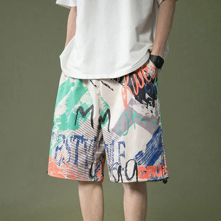 Hong Kong Style Brand Graffiti Shorts Men's Teenager Quick-drying Large Size Loose Beach Summer Thin Sports Pants