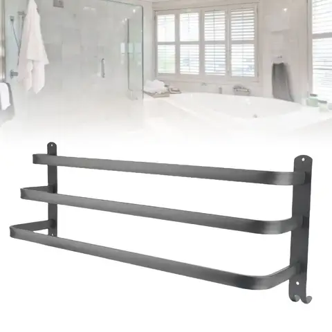Wall Mounted Towel Holder 3 Tier Towel Rod Easy Installation Smoother Corner Convenient Hook Aluminum Alloy 60CM for Hotel grey
