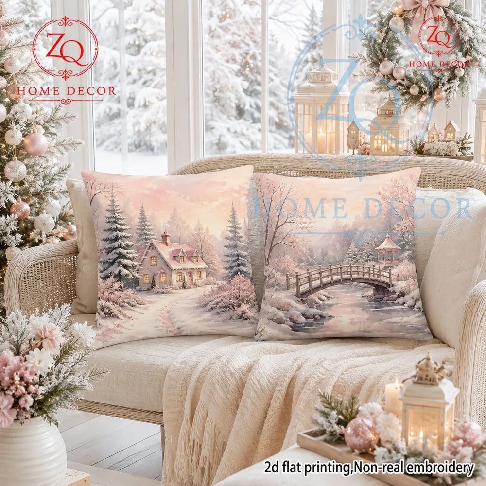 The dreamy st pink print  a snowcovered cottage wooden bridge  riverside scene perfectly complements Christmas decor