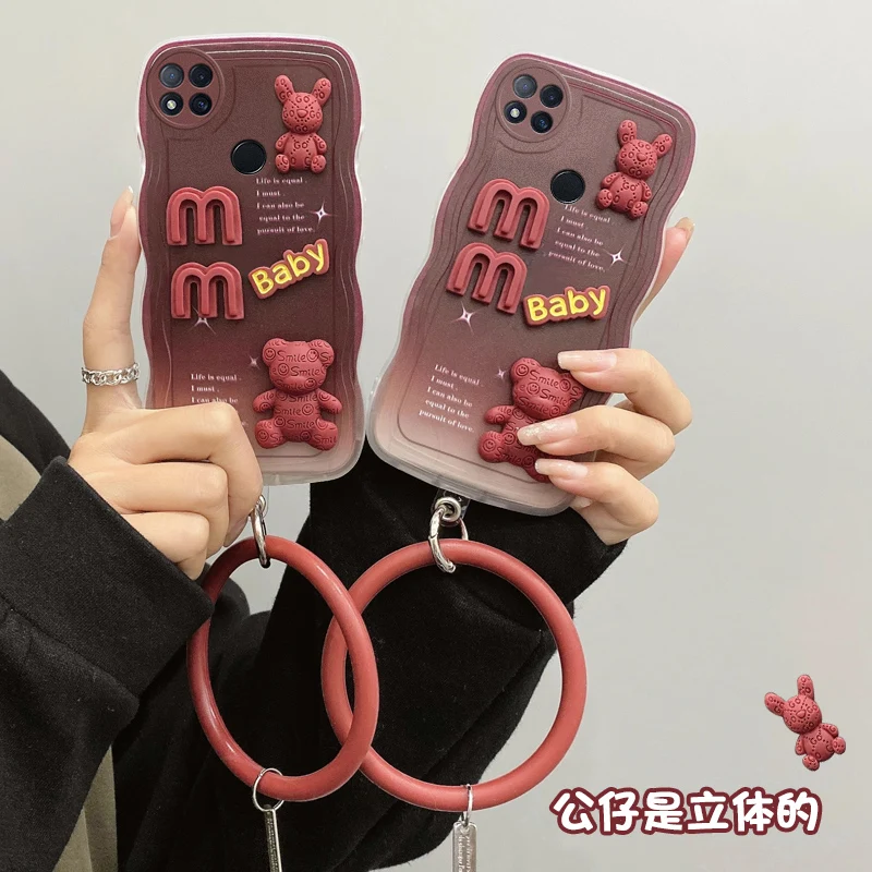 3D mode mignon poupée ours lapin dessin animé luxe silicone coque de téléphone sur pour Xiaomi Redmi 9 9C bracelet couverture arrière