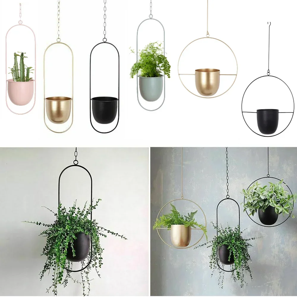 New 10 Type Metal Hanging Flower Pot Nordic Chain Hanging Planter Basket Flower Vase for Home Garden