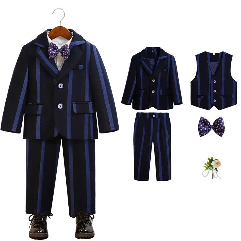 

Children Navy Blue Jacket Vest Pants Bowtie Photograph Dress Kids Birthday Suit Flower Boys Wedding Performance Dance Tuxedo