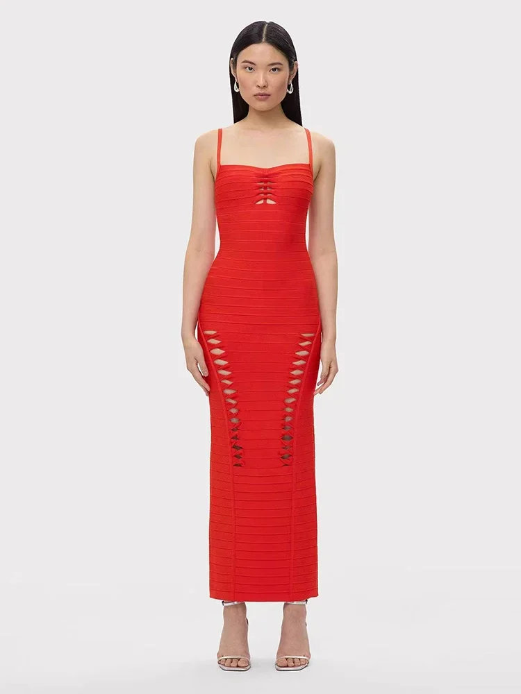 Sexy Spaghetti Hollow Out Ontwerp Bandage Jurk Vrouwen Rode Mouwloze Bodycon Lange Jurken Avondfeest Cocktail