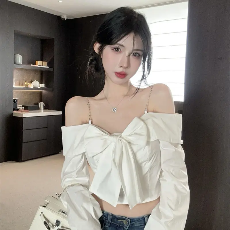 

Pure Spicy Girls Bow Strap Shirt Sexy Y2k Off Shoulder Long Sleeve Crop Top 2025 Spring Backless All Match Solid Blouse
