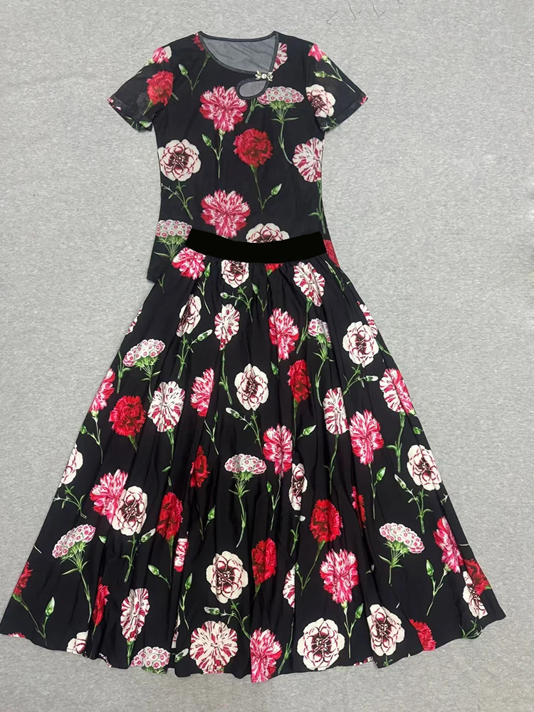 Retro printed chest hollow bow decoration knitted T-shirt two-piece set 2026 summer women's clothing+loose skirt fashion set