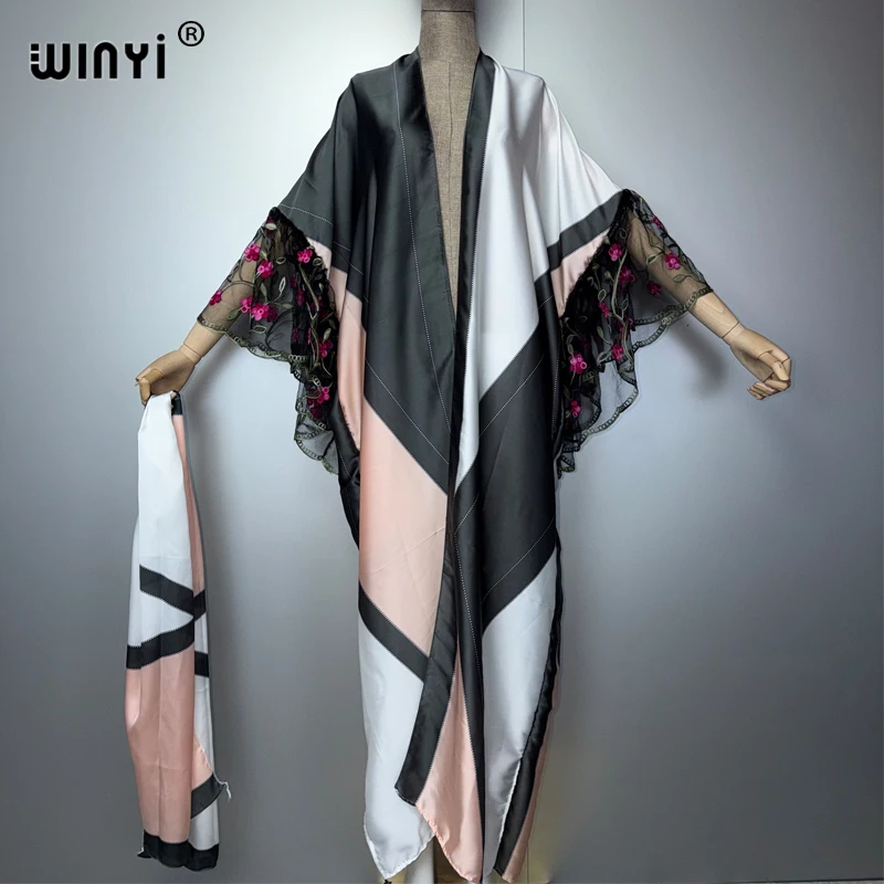 WINYI Women's Summer Boho Kimono Cardigan with Embroidered Sleeves Beach Cover up Swimwear Fashion Kaftan Dress with Belt