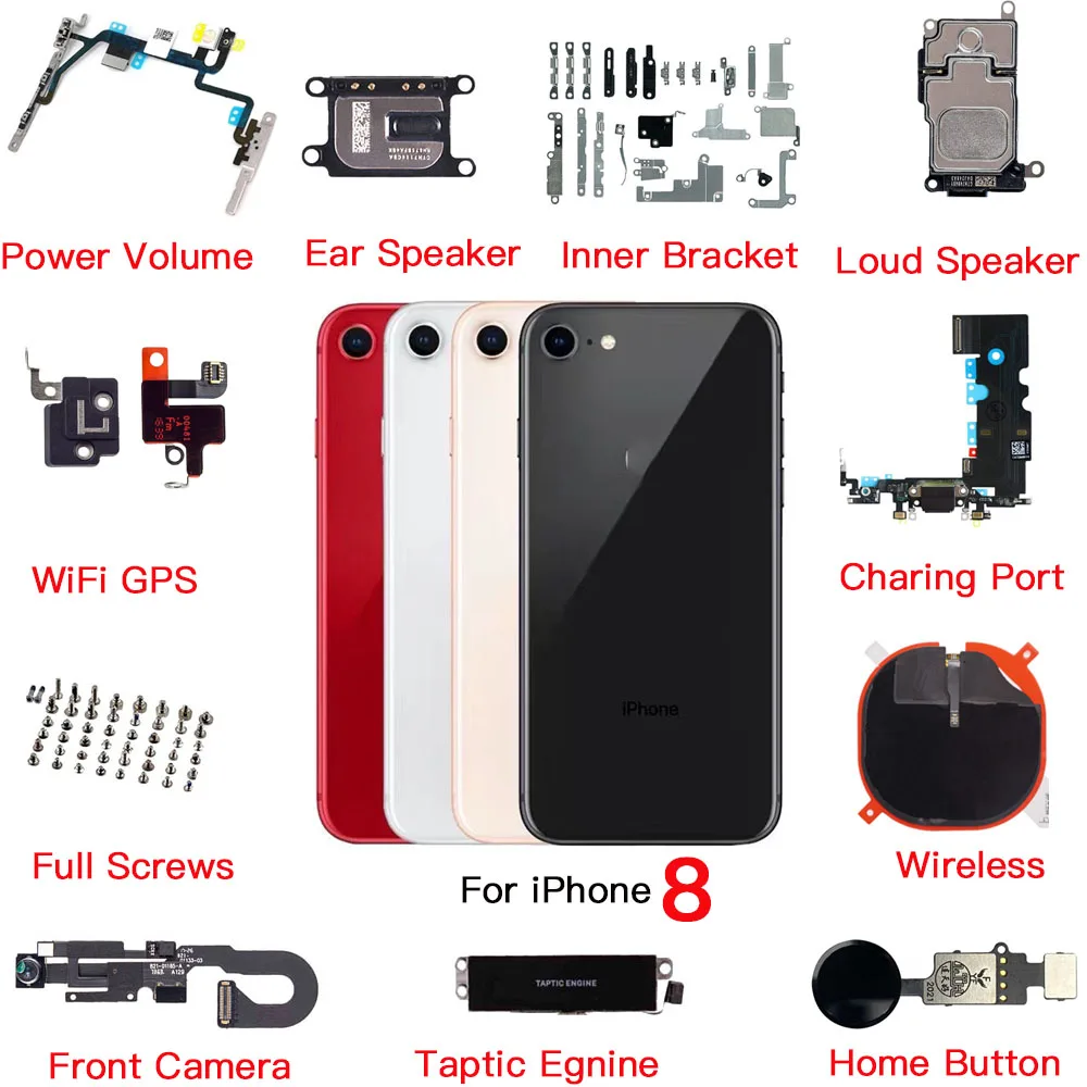 Inner Part Replacement For iPhone 8 Front Camera Power Volume Charging Port Ear Speaker Home Flex Cable With Bracket Full Screws