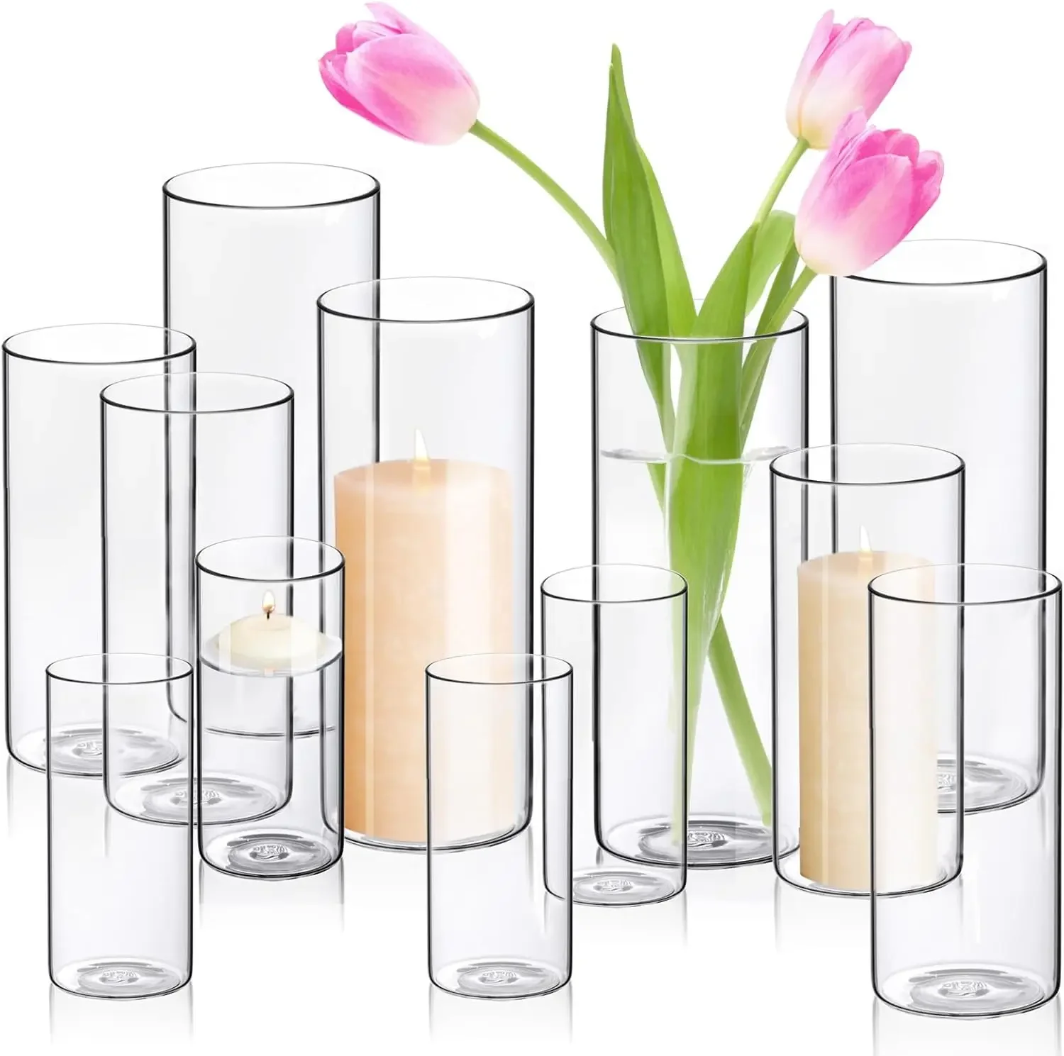 12PCS Clear Glass Cylinder Vases, Candle Holders for Wedding Party Decor