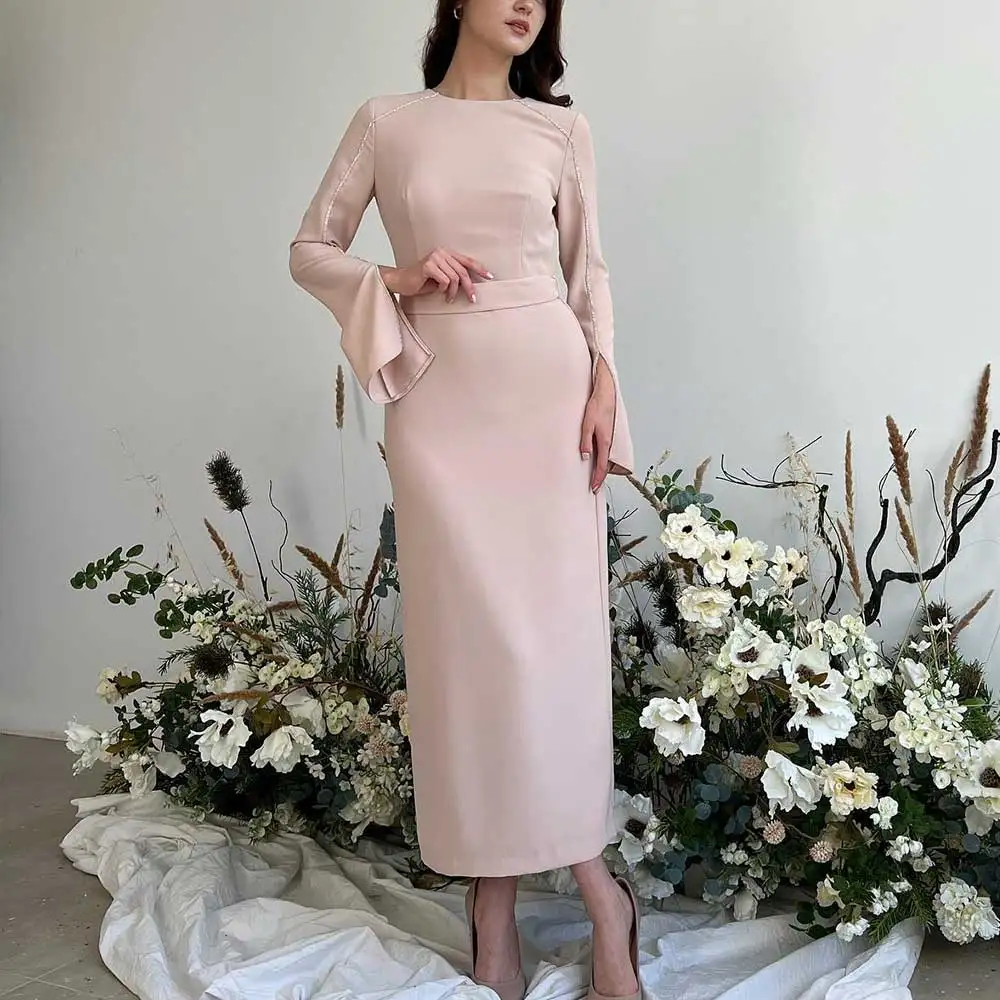 

Customized Pink Jersey Crew-Neck Es Long Sleeved Draped Tea-Length Sexy Sexy Casual N Women's Formal Occasion Party Evening Gow