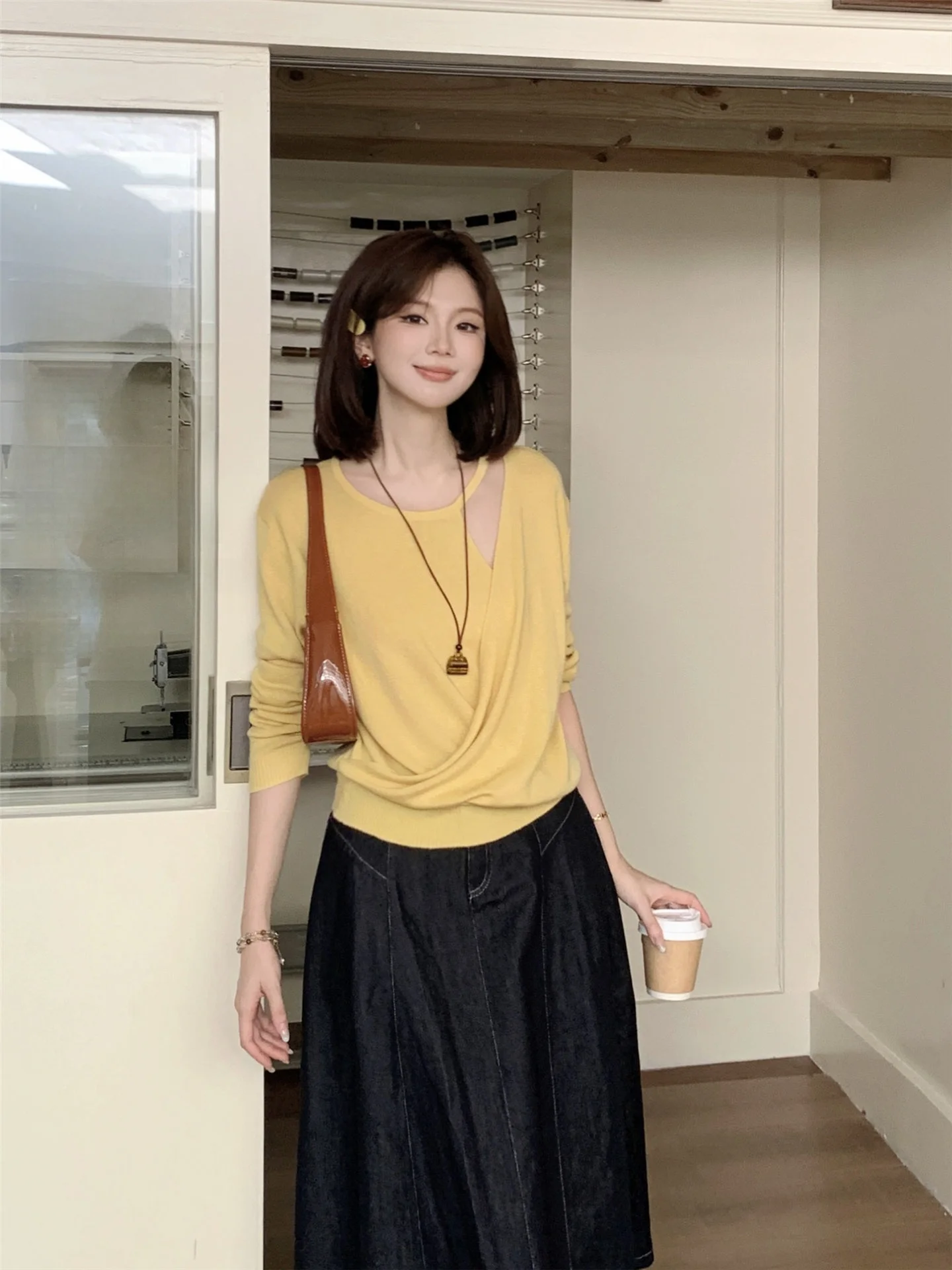 

Свободный вязаный свитер женский осенне-весенний в корейском стиле, однотонный, универсальный, повседневная верхняя одежда, дизайн «Сырная Сенсация»