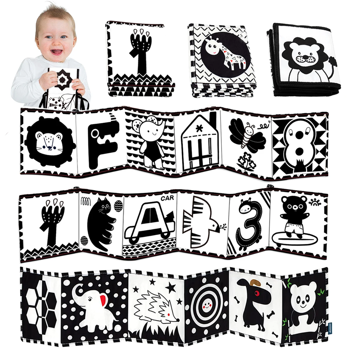 Baby Cloth Book Black and White High Contrast Sensory Toys Early Education Toddlers Sensory Activity Fabric Book for Babies