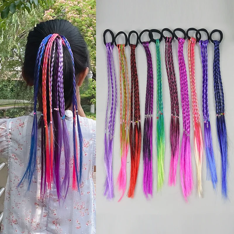 Hair Extensions Synthetic Cute Cosplay Children's Wig Braids Ponytail for Baby Girl Dress Up Colorful Hair Bundle Accessories