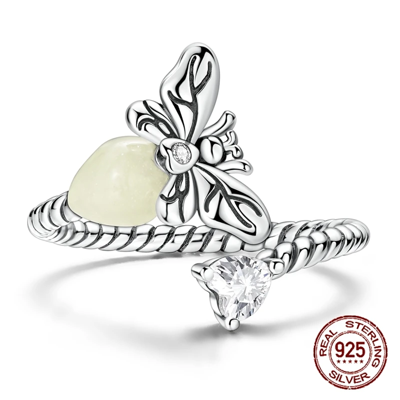 925 Sterling Silver Glow in The Dark Butterfly Open Ring Luminous Twisted Rope Adjustable Ring Wear Jewelry Gift for Women Girls