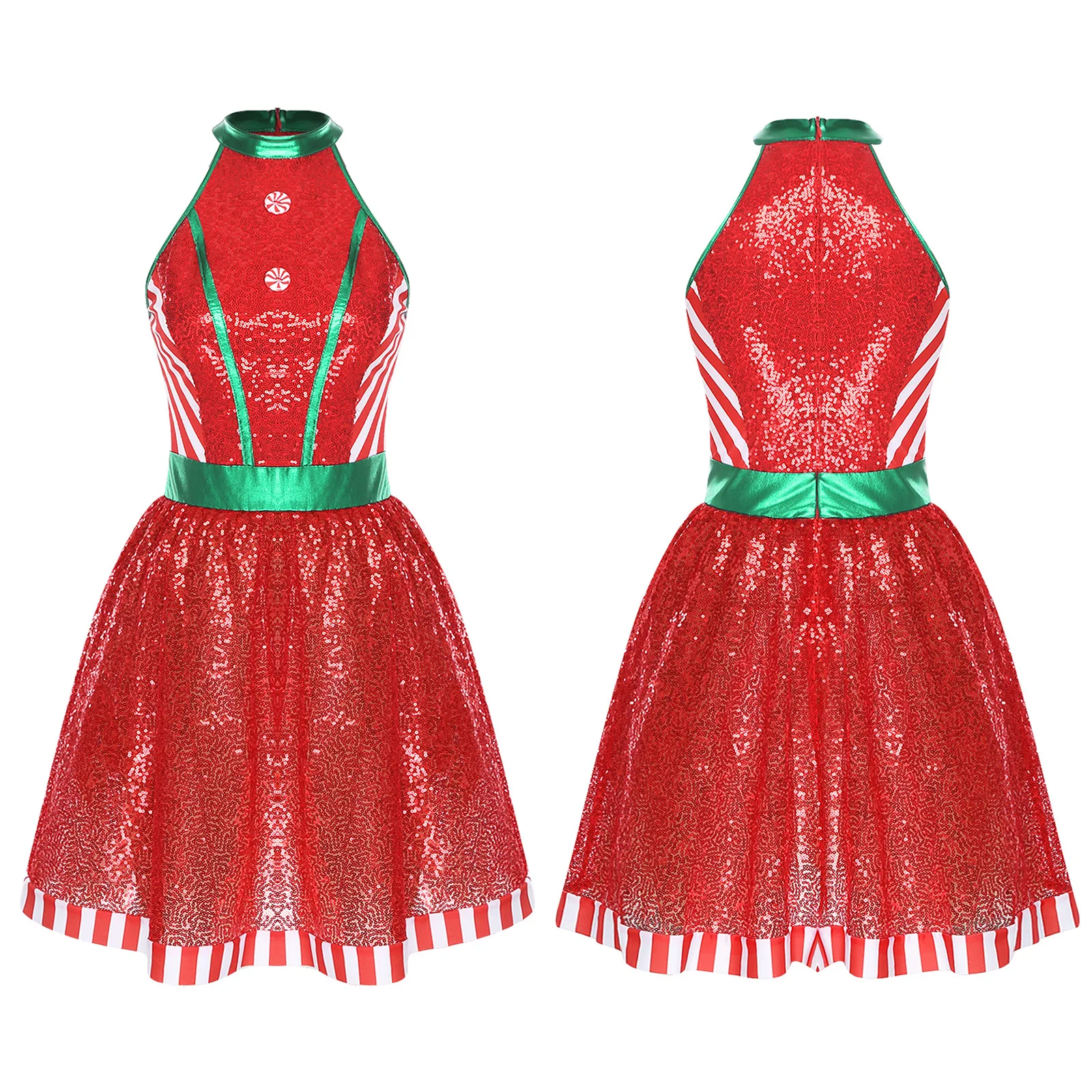 

Women Christmas Party Costume Sequins Tutu Figure Skating Dress Ballet Dancewear Halter Sleeveless Zip Color Block Tulle Dress