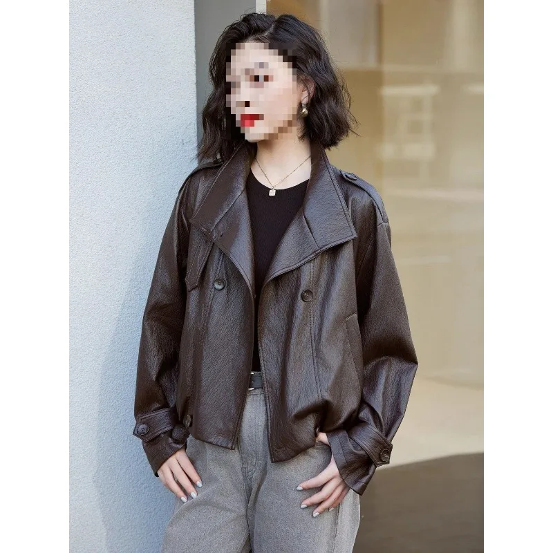 Cool PU Leather Jacket Women's Stand Collar Autumn New Solid Vintage Leather Coat Leisure Faionable Commute Women Top