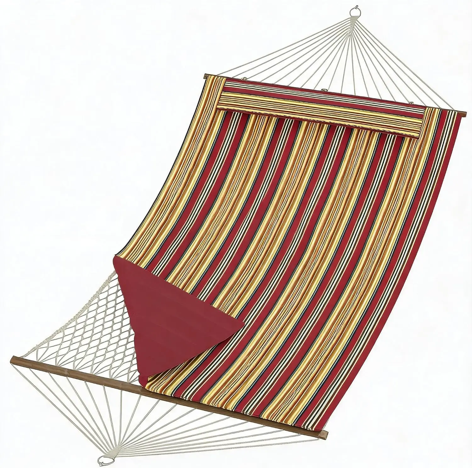 Tacleekii Double Quilted 2 Person Hammock 12FT Outdoor Freestanding Garden Hammock, Wooden Spreader Bar, Removable Pillow, Storage Pocket, 450lbs Capacity, Cotton Rope & Padded Polyester