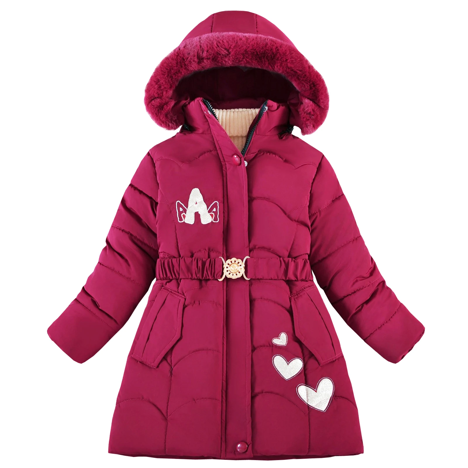 

Winter Girls Quilted Coat with Belt Kids Warm Jacket Boys Girls Puffer Coat Children's Down Jacket Windproof Fur Hood Outerwear