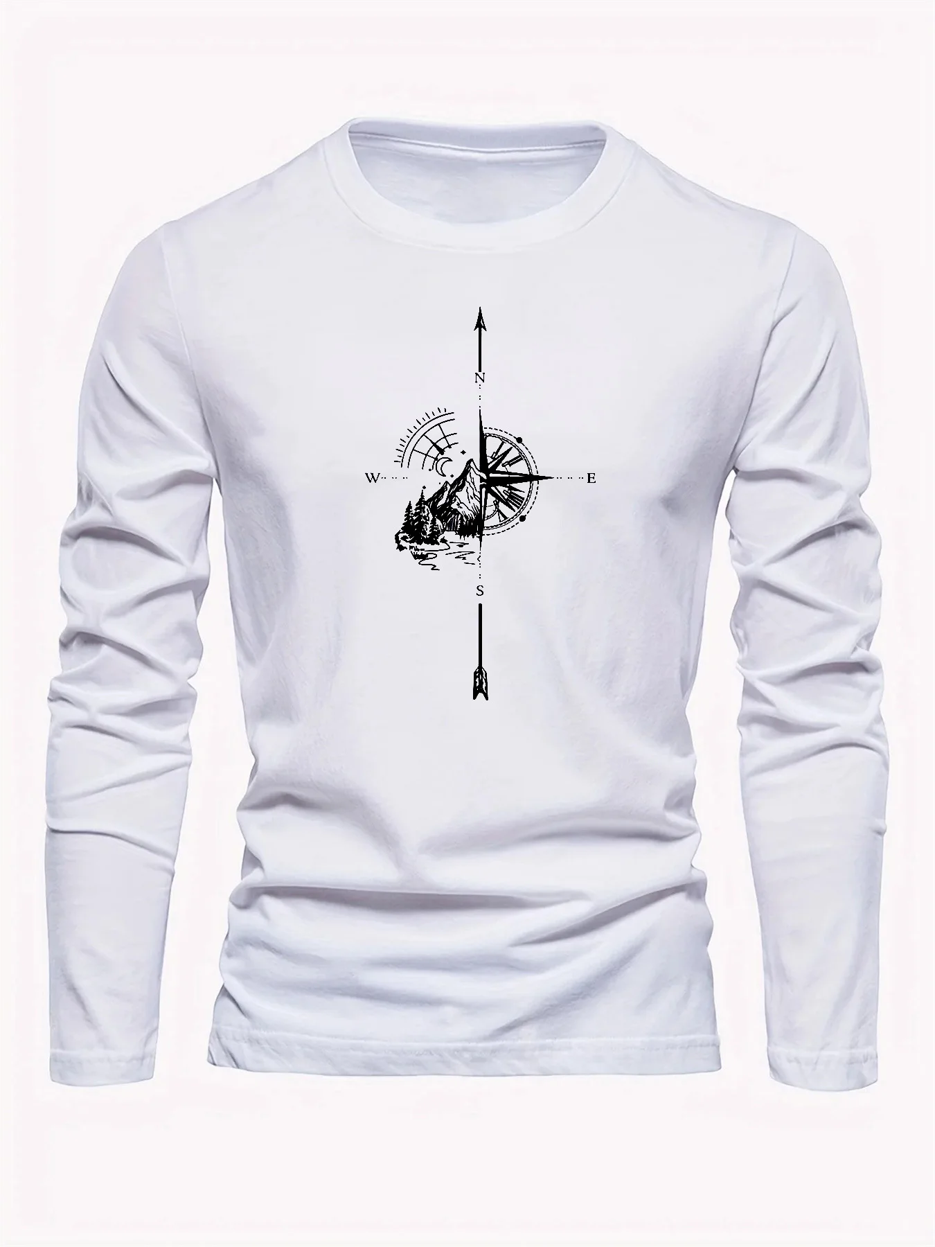 Men's 100% Cotton Compass Mountain Forest Graphic Print Crew Neck Long Sleeve Base T Shirt