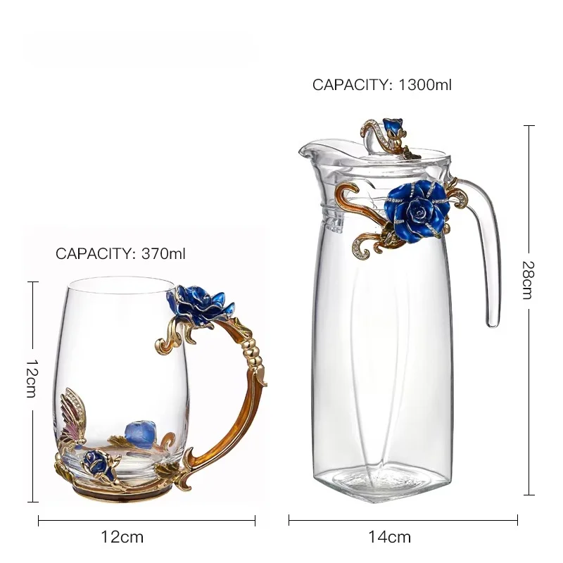 Noshman Heat-Resistant Glass Teapot Kettle 4 Cups French Enamel Blue Rose Flower Butterfly Decorated Glass Tea Cup