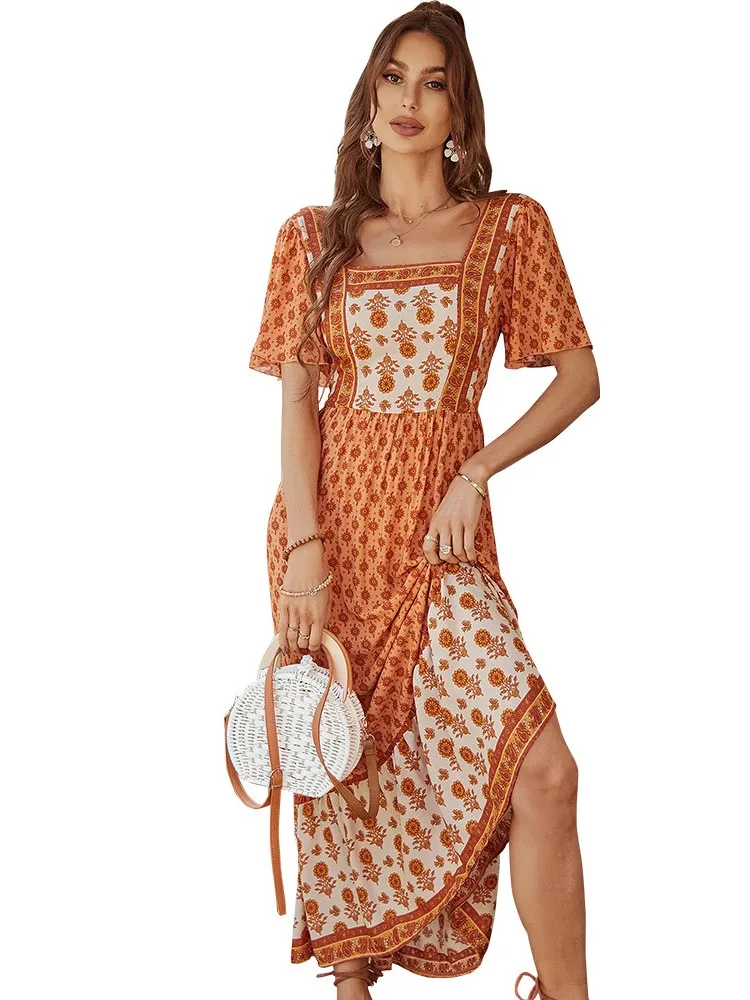 فستان نسائي بأكمام قصيرة مطبوع على الموضة فستان صيفي برقبة مربعة فساتين متوسطة الطول Y2k للسيدات أنيقة بألوان متطابقة