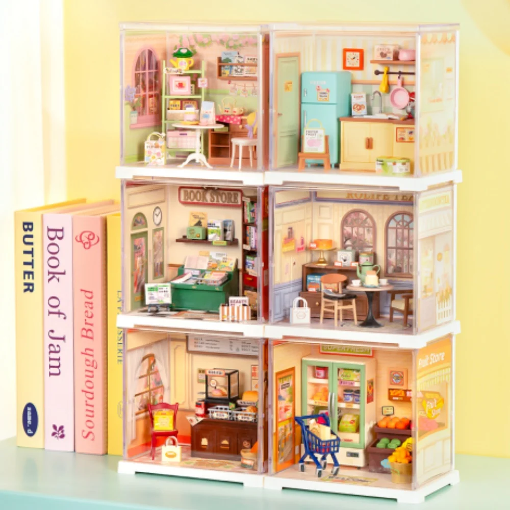Robotime Rolife Plastic House Building Set Toy DIY Miniature Dollhouse Playset with LED for Mini Toys Gifts for Teens Adults DWS