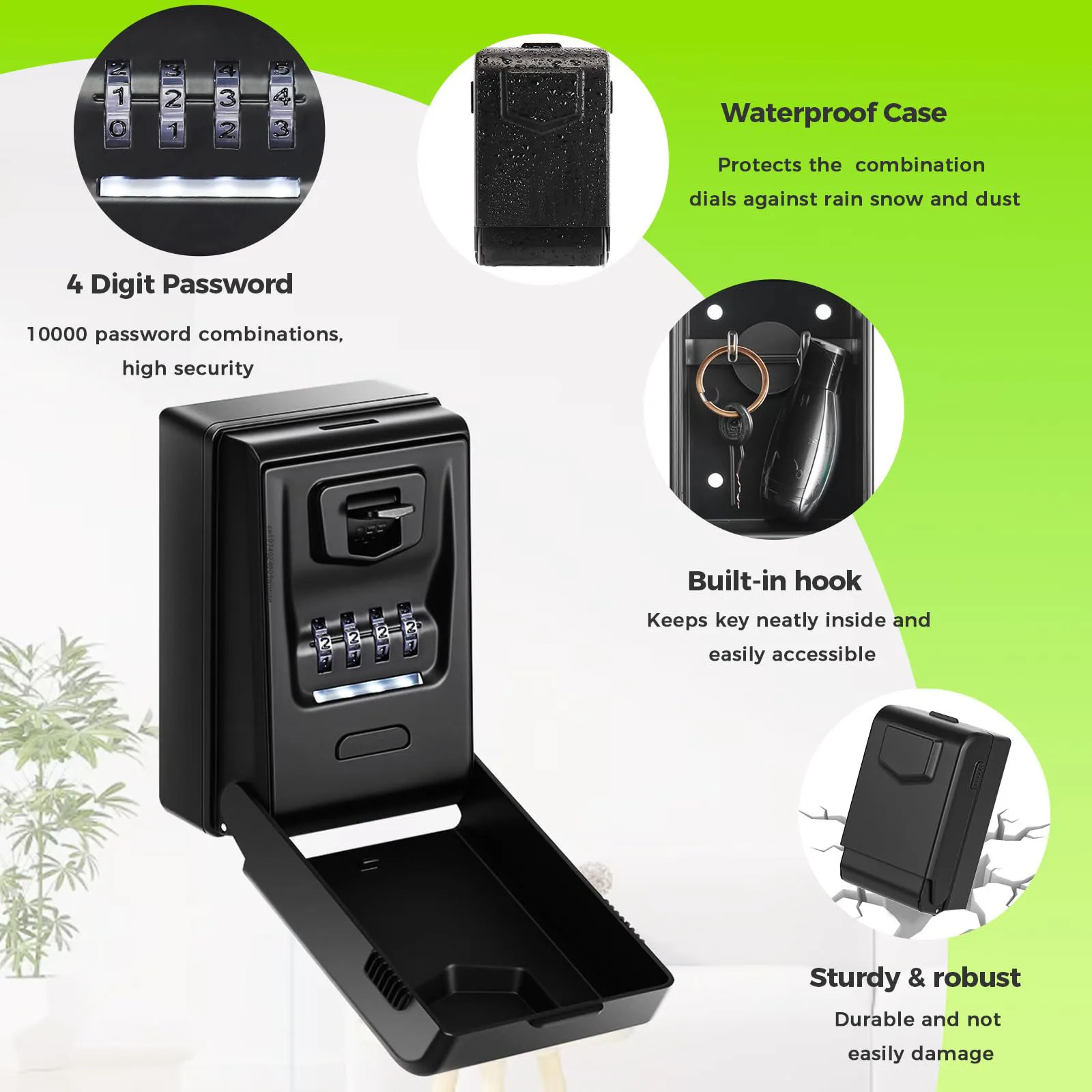 Key Lock Box for Outside Wall Mounted with Light Up Dials - Waterproof Extra Large Key Box 4-Digit Combination Storage Lockbox