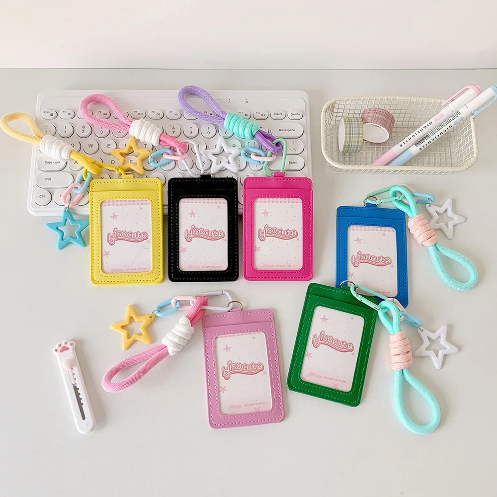 ID Card Protective Leather Bus Card Cover PU Leather Credit Card ID Card Holders Key Chain Keyring Badge Holders School Supplies