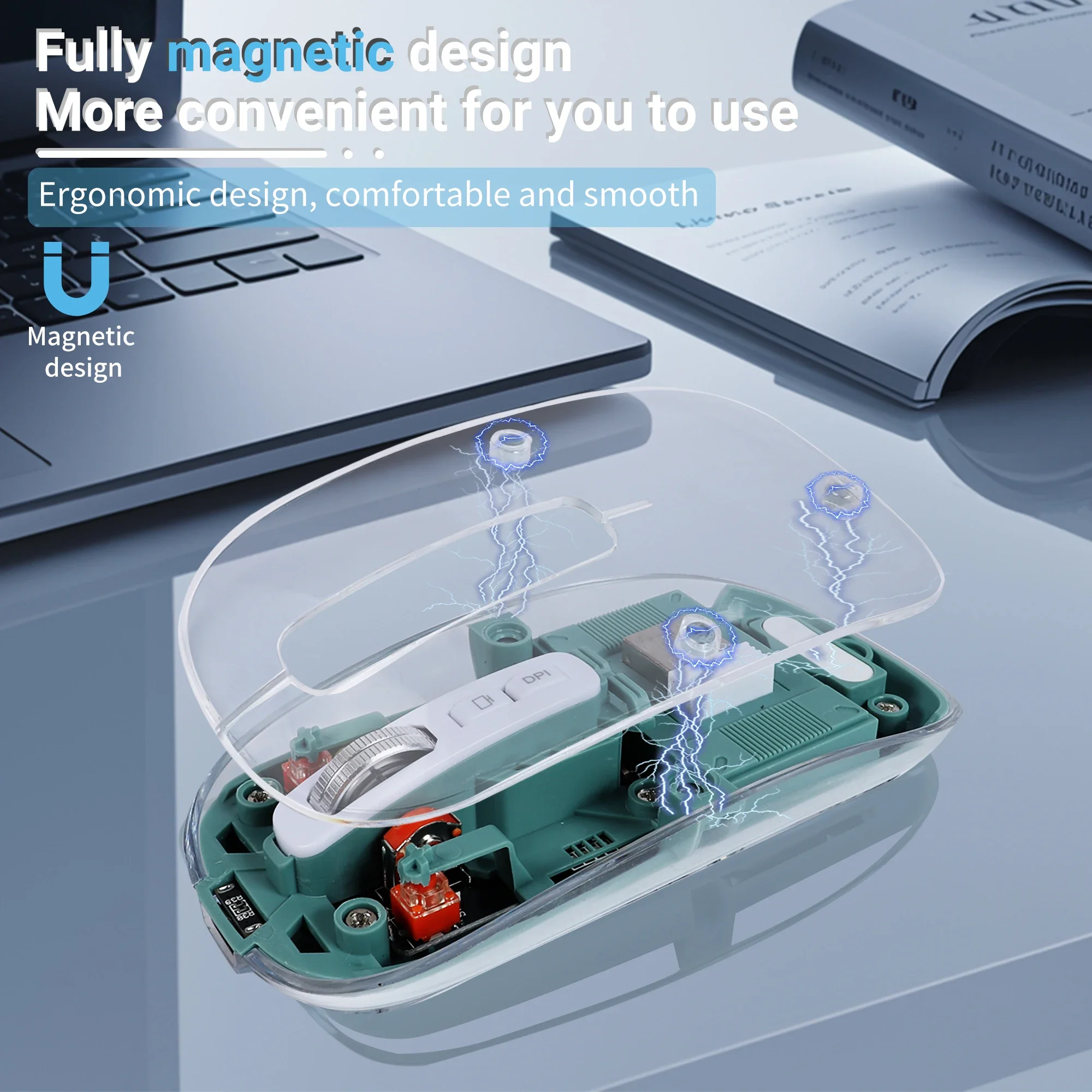 

Transparent Wireless 2.4G Bluetooth Dual-mode Mouse Ergonomic Slim Design Magnetic Shell Rechargeable Portable Office Mice